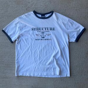 Vintage 90s Structure Marine Deep Sea Rescue Anchor Ringer Tee USA Made Mens L